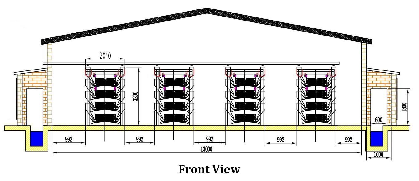 H-Type-Battery-Cage-4Tier-4 Rows Layout Design Front View